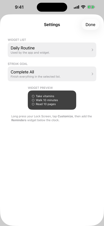 Widget configuration screen for choosing a Reminders list