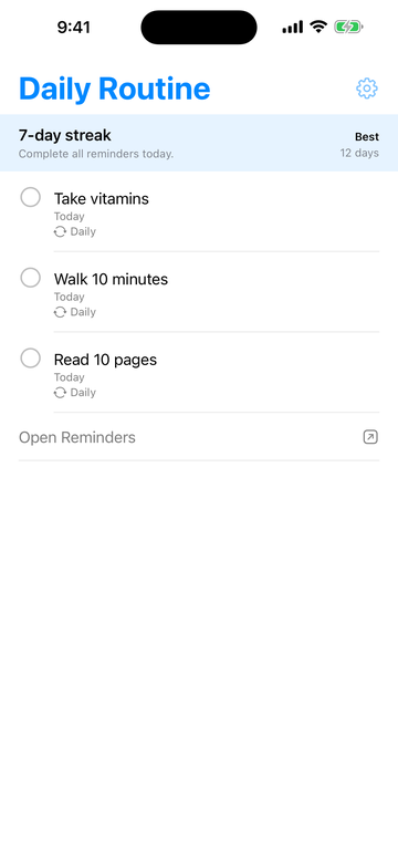 App list view showing reminders from a selected list